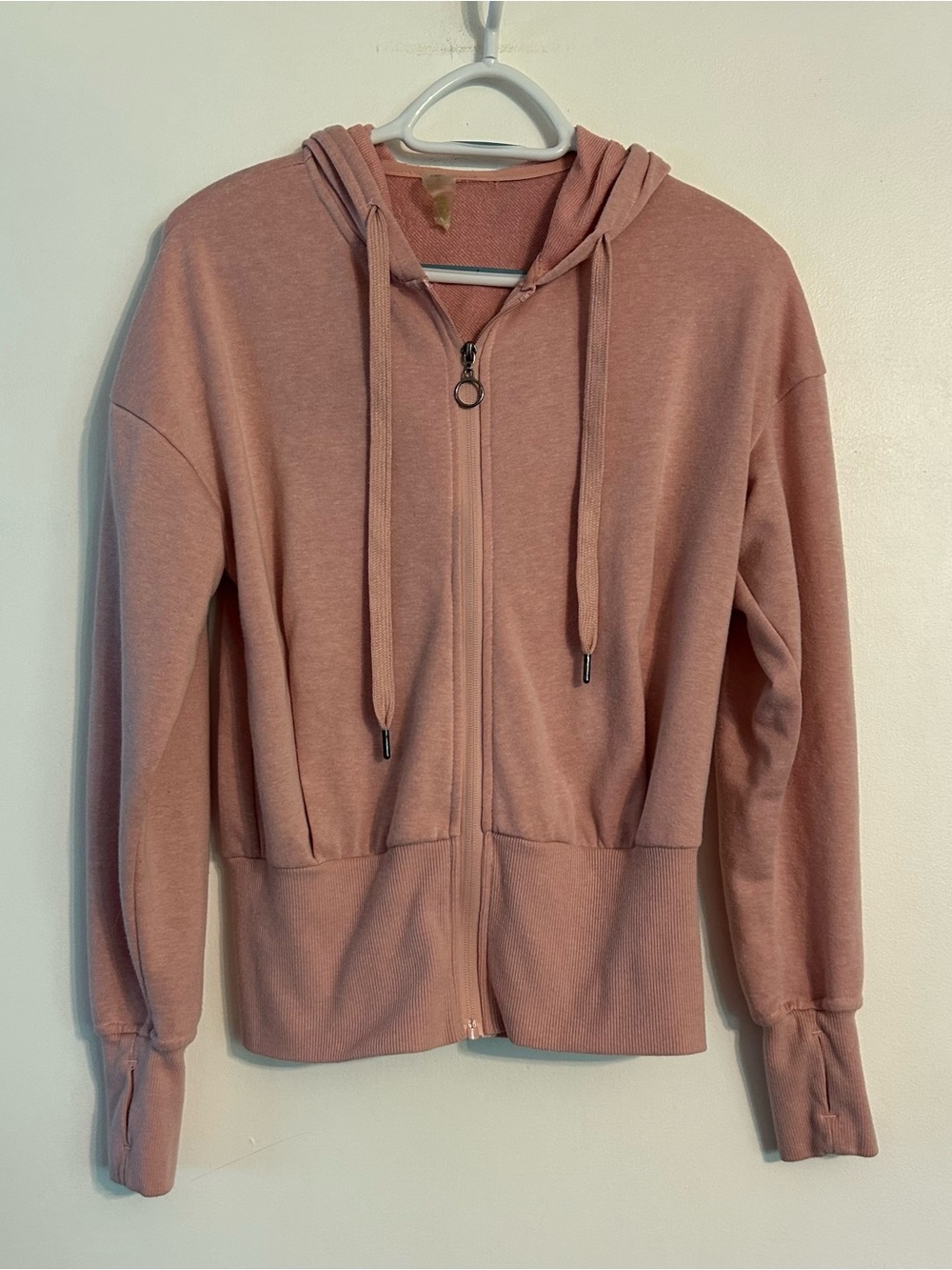 GAIAM Blush Pink Zip-Up Yoga Hoodie Small Wide Waist Cropped Pockets Thumb Holes